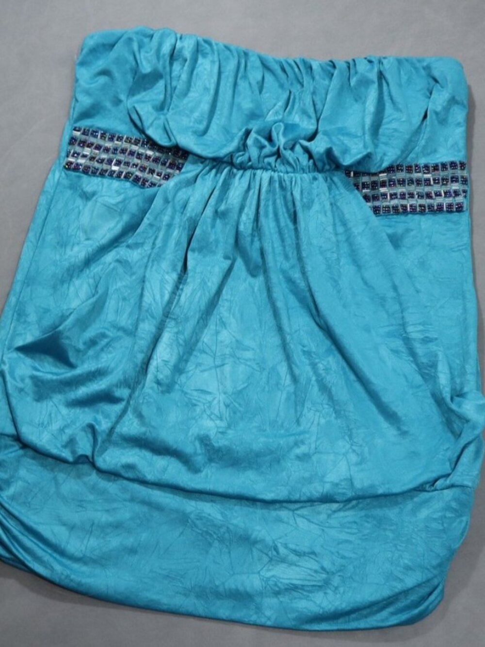 Studio Y Y2K Strapless Beaded Tube Top S Turquoise Ruched Bubble Hem Party
